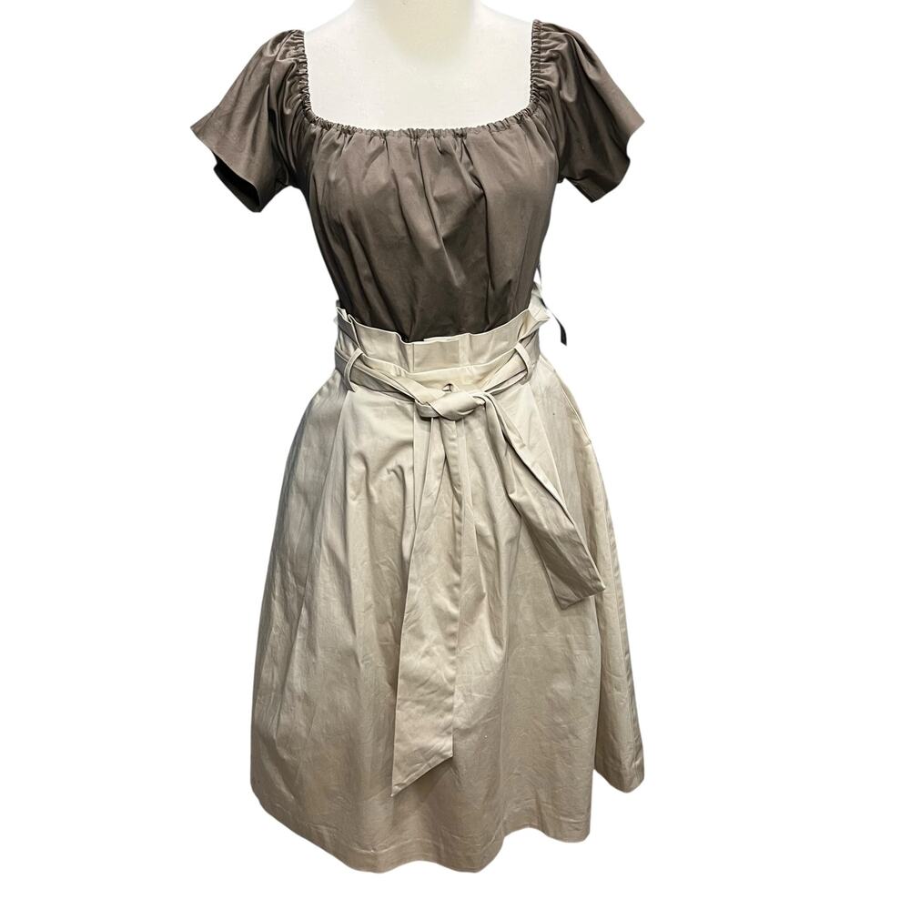 Eva Mendes NYC Midi Dress XS Brown Cream Off The Shoulder Belted Cottage Classic